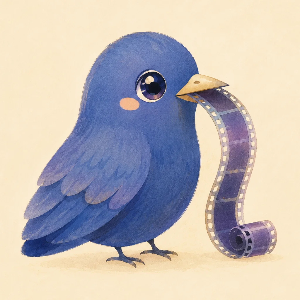 Sponable, a small blue bowerbird holding a strip of film