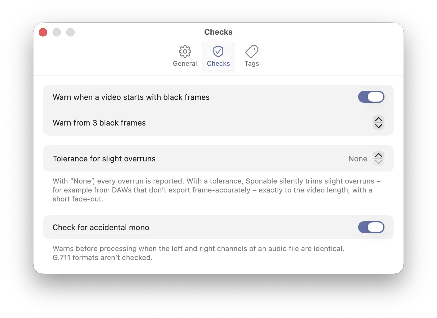 Sponable checks settings