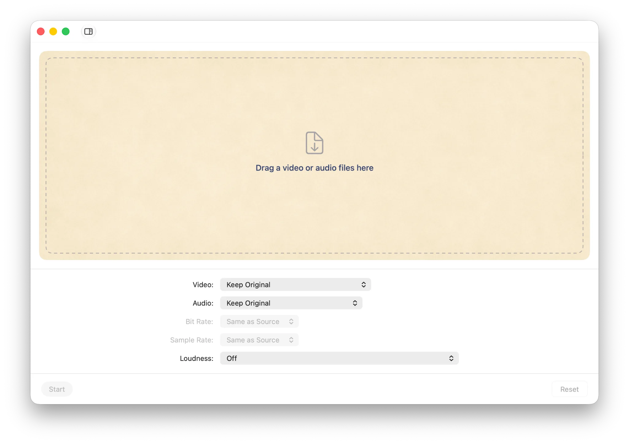 Sponable main window with a warm drag and drop area and export settings